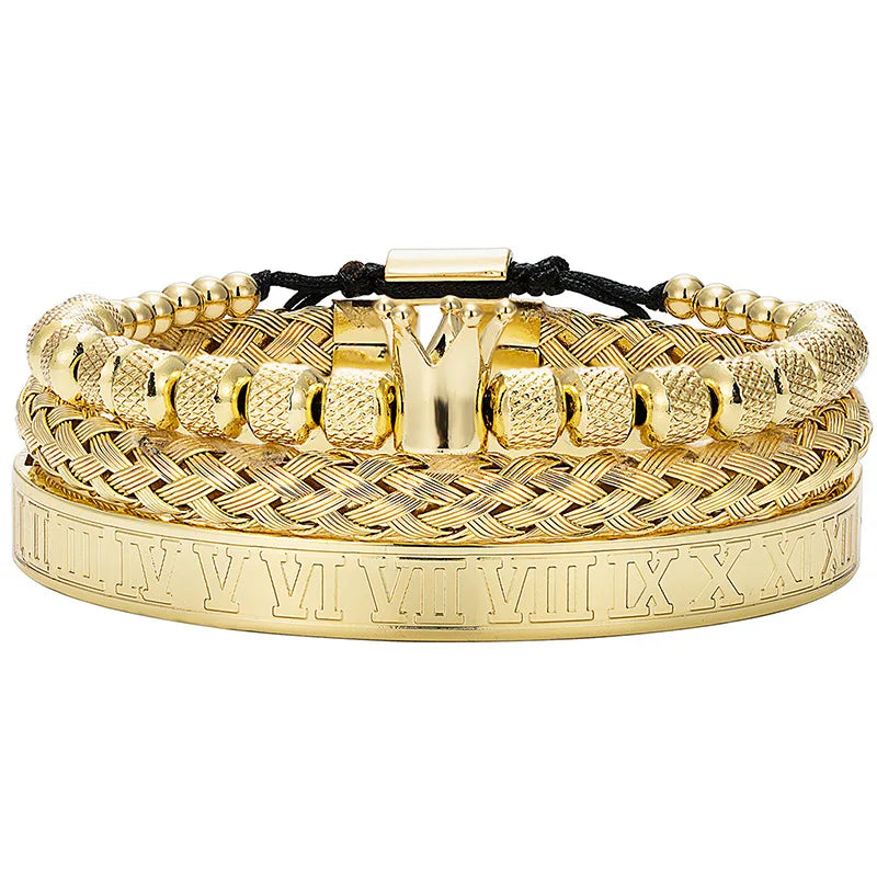 Luxury Couple Jewelry Gift Royal King Crown Stainless Steel Macrame Roman Numeral 18K Gold Plated Zircon Bracelets Bangles Set