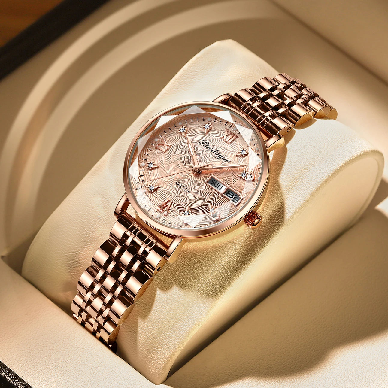 Poedagar Elegant Luxury  Women Quartz Watches Waterproof Calendar Ladies Watch Rose Gold Stainless Steel Watch for Womens C