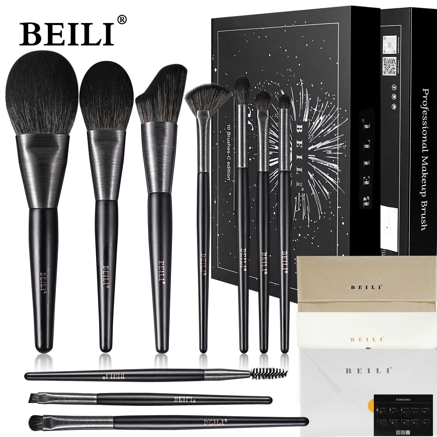 BEILI OEM ODM Manufacturer Competitive Price Best Quality Professional Makeup Brush Beauty Tools 10 Pcs Black Blending Brush