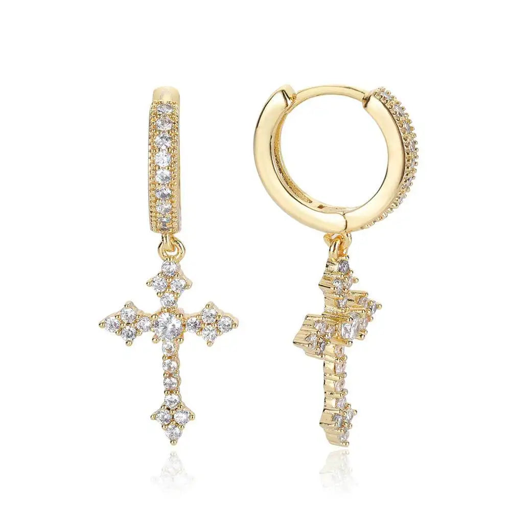 Hip Hop Luxury Cubic Zirconia Drop Earrings Icy Bling Jewelry Zircon Cross Gold/Silver Plated Unisex Anniversary