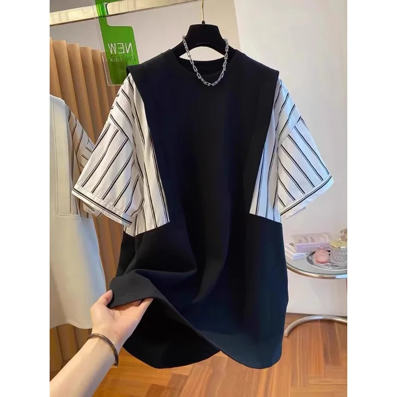 Boutique Wholesale 2025 Summer New Fashionable Korean Round Neck Splicing Loose Casual Women's T-shirt