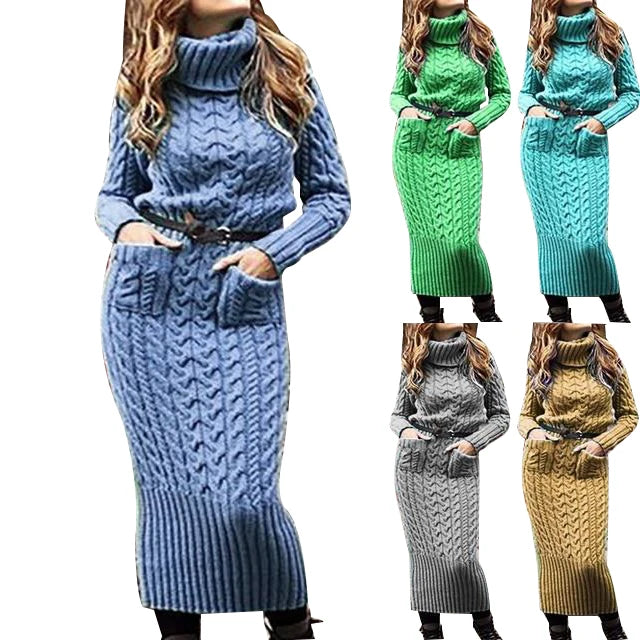 10% 3XL Casual Winter Designer High Collar Pocket Long Sleeve Ladies Sweater Dress