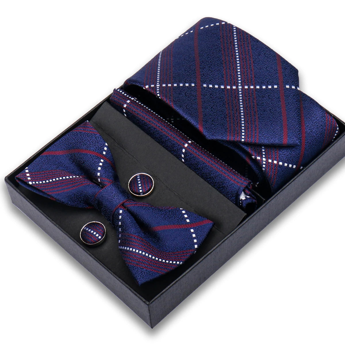 New Men Bow Tie Sets Luxury Necktie Bowtie Box With Pocket Square Cufflinks Tie Set Gift Box Polyester for Men