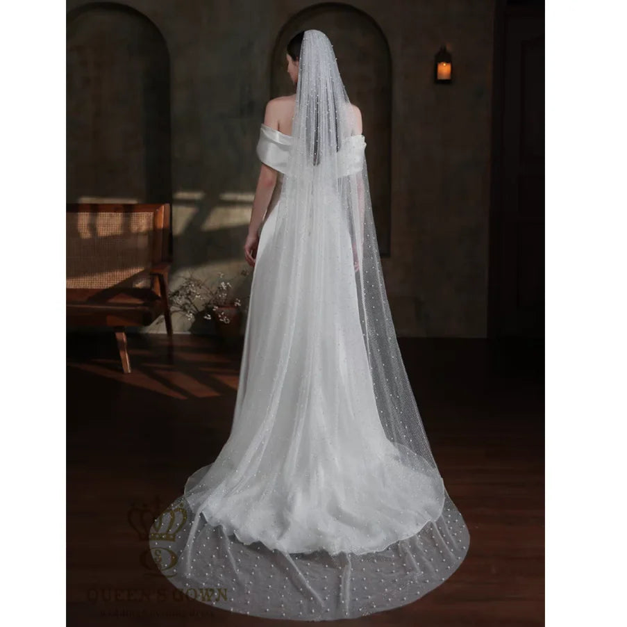 QUEENS GOWN Luxury Shining Glitter Lace Bridal Long Train Veils With Pearls Beauty Accessories for Wedding Dress