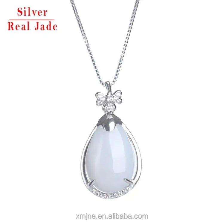 Natural Jadeite Pendant S925 Silver Necklace Female Water Drop Jade Pendant Inlaid Jade Pendant Gift Gift