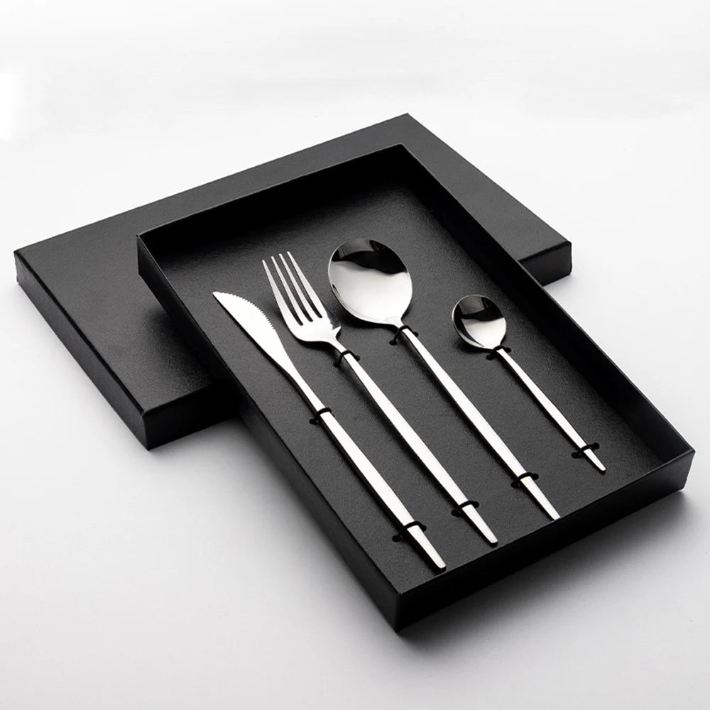 4pcs Cutlery Set Gift Box High Quality Stainless Steel Portugal Knife Dessert Serving Spoon Fork Flatware Sets for Wedding