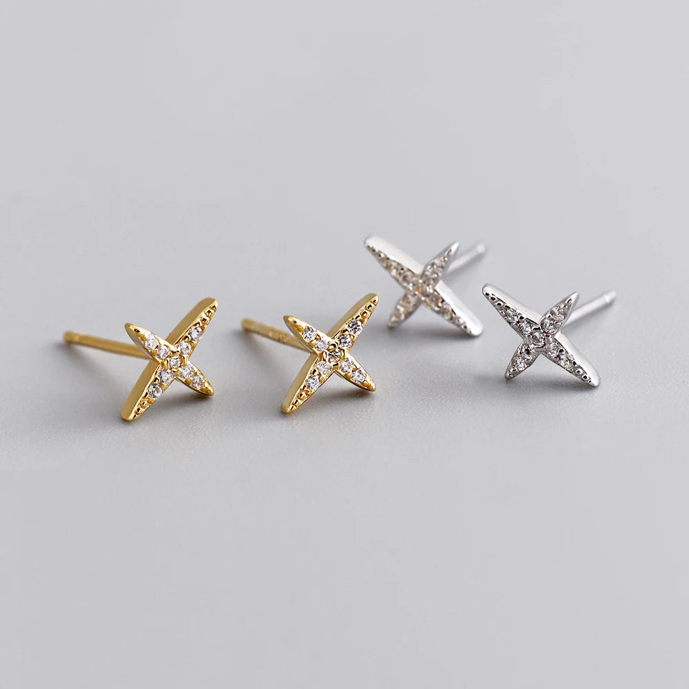 Wholesale Fashion Jewelry 925 Sterling Silver Cross Shaped Star Gold Plated Stud Earring Jewelry for Women