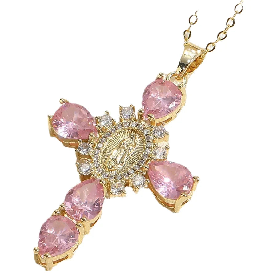 Luxury Teardrop Crystal Colorful Virgin Mary Cross for Women Zircon Cross Pendant Necklace