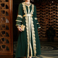 Women Summer Maxi Dress Hand Stitched Diamond V-neck Long Sleeves With Belt Muslim Abaya Dress Maxi Dress