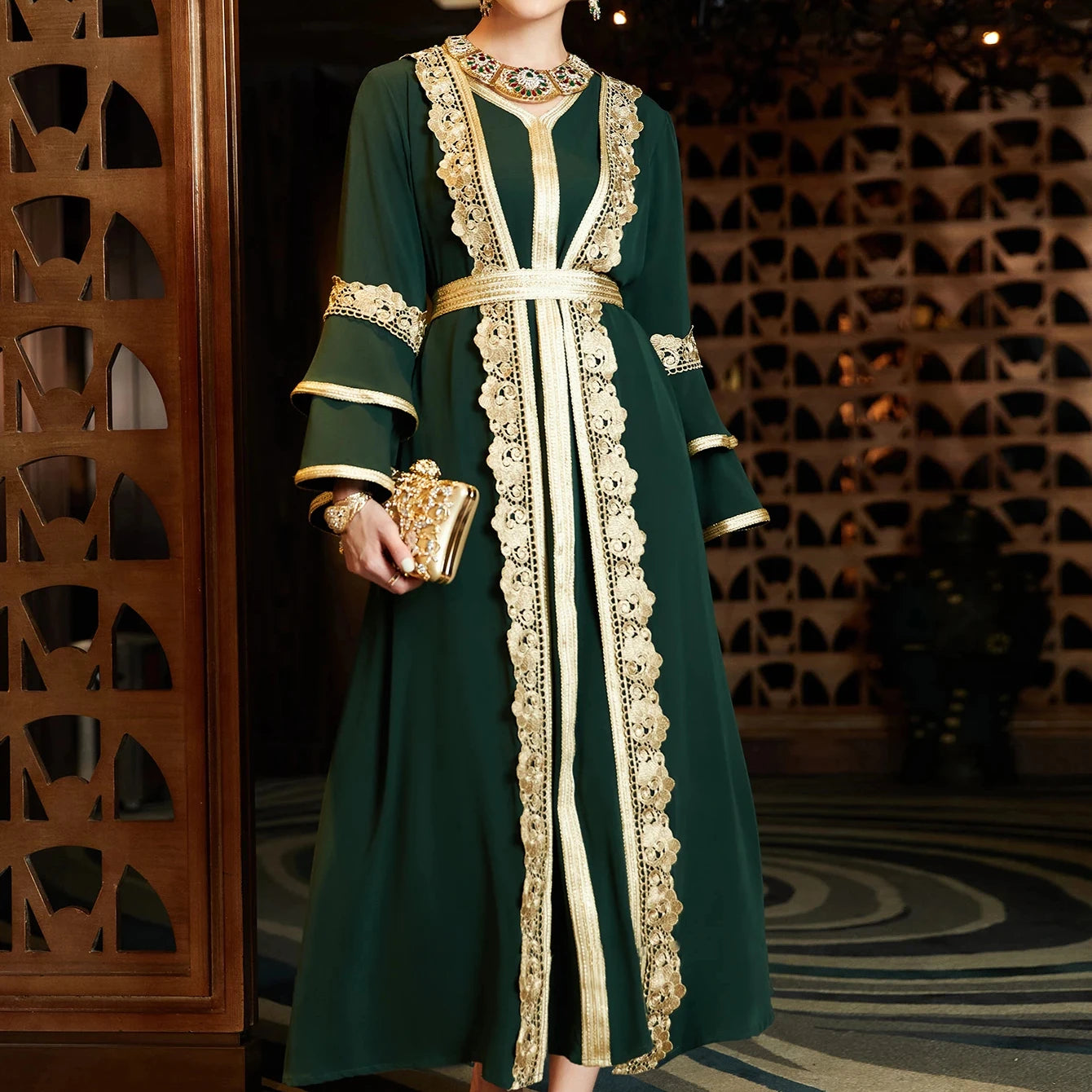 Women Summer Maxi Dress Hand Stitched Diamond V-neck Long Sleeves With Belt Muslim Abaya Dress Maxi Dress