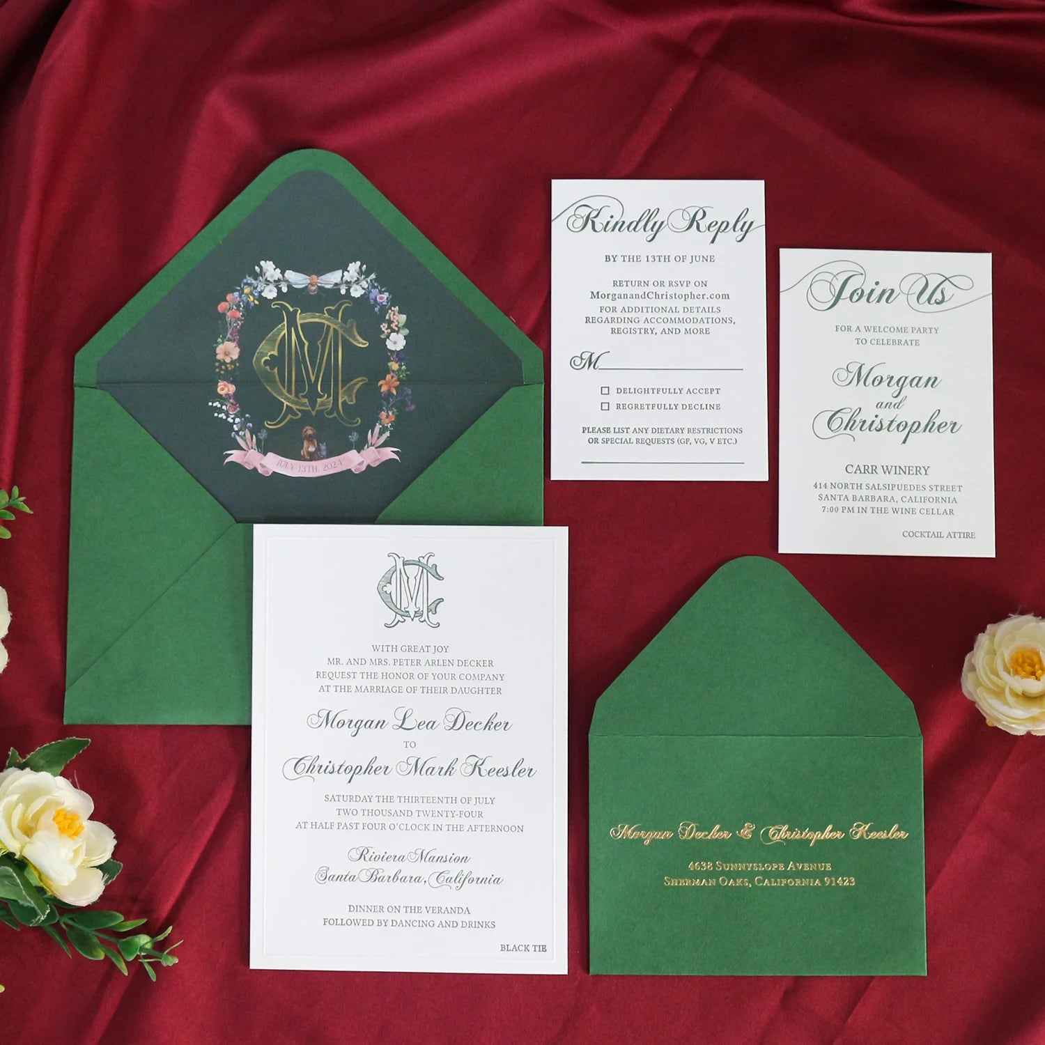 Custom Emboss Line Dark Green Wedding Invitation Paper Card with Letterpress Deboss Text Detail/RSVP Cards and Custom Envelope