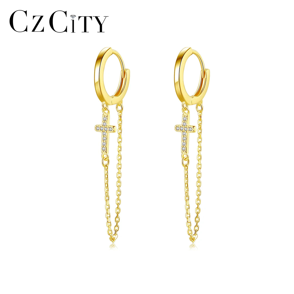 CZCITY Chian Cross 925 Gold Plated Drop Huggie Ear Trending Cool Earing Charm Chain Earring