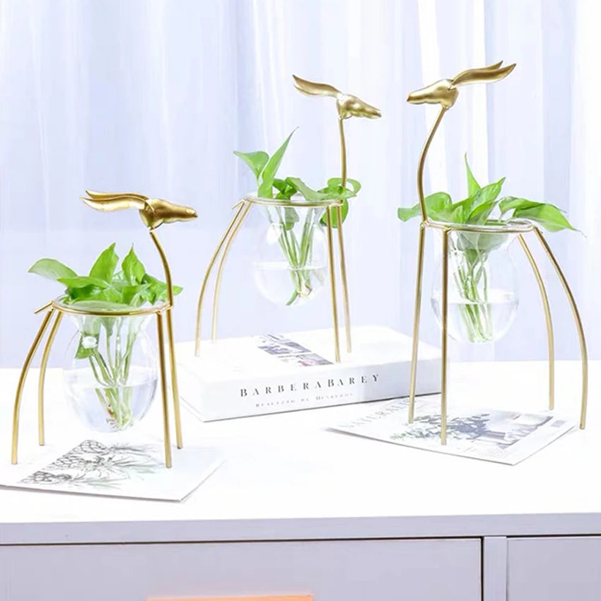 Glass Vase Creative Iron Fresh Living Room Table Plnt Stand Flower Arrangement Decor Transparent Deer Hydroponic Green Plant Pot
