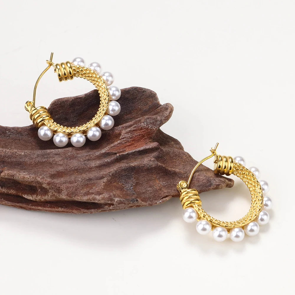 Chris April 18k PVD Gold Plated 316L Stainless Steel Man-made Pearl Stud Earrings