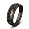 Custom Logo Punk Multilayer Woven Leather Bracelets Stainless Steel Magnetic Clasp Engraved Bar Wrap Leather Bracelets OT-310