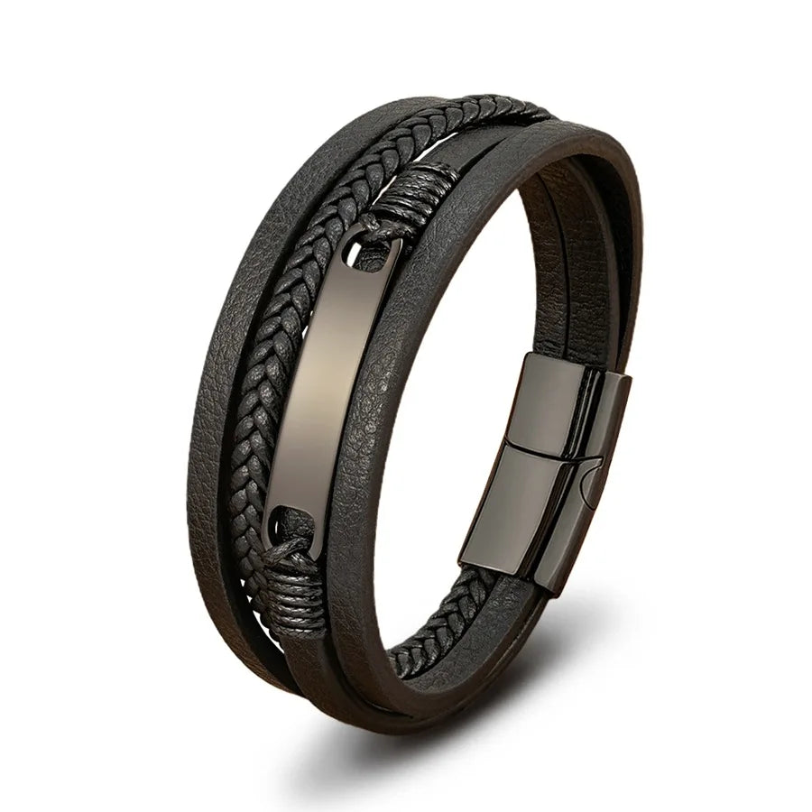 Custom Logo Punk Multilayer Woven Leather Bracelets Stainless Steel Magnetic Clasp Engraved Bar Wrap Leather Bracelets OT-310