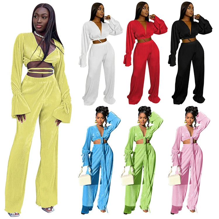 2023 Autumn and Winter Women Pleated Strappy Wide Leg Pants Two Piece Set