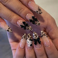 24 Pcs/set French Leopard Print 3D Cat Studs with Bow Short Almond Shape Press on Nails Artificial Fingernails False Nails 3571 MegaBDM