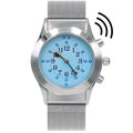 Stainless Steel Talking Tactile Watch for Blind People-Battery Operated Braille Watch-Chrome-Steel Mesh Band-blue Dial