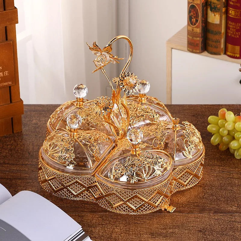 Vintage Gold-Plated Metal Serving Tray With 5 Round Acrylic Bowl Lids for Candy Dry Fruit or Home Decorative Dishes