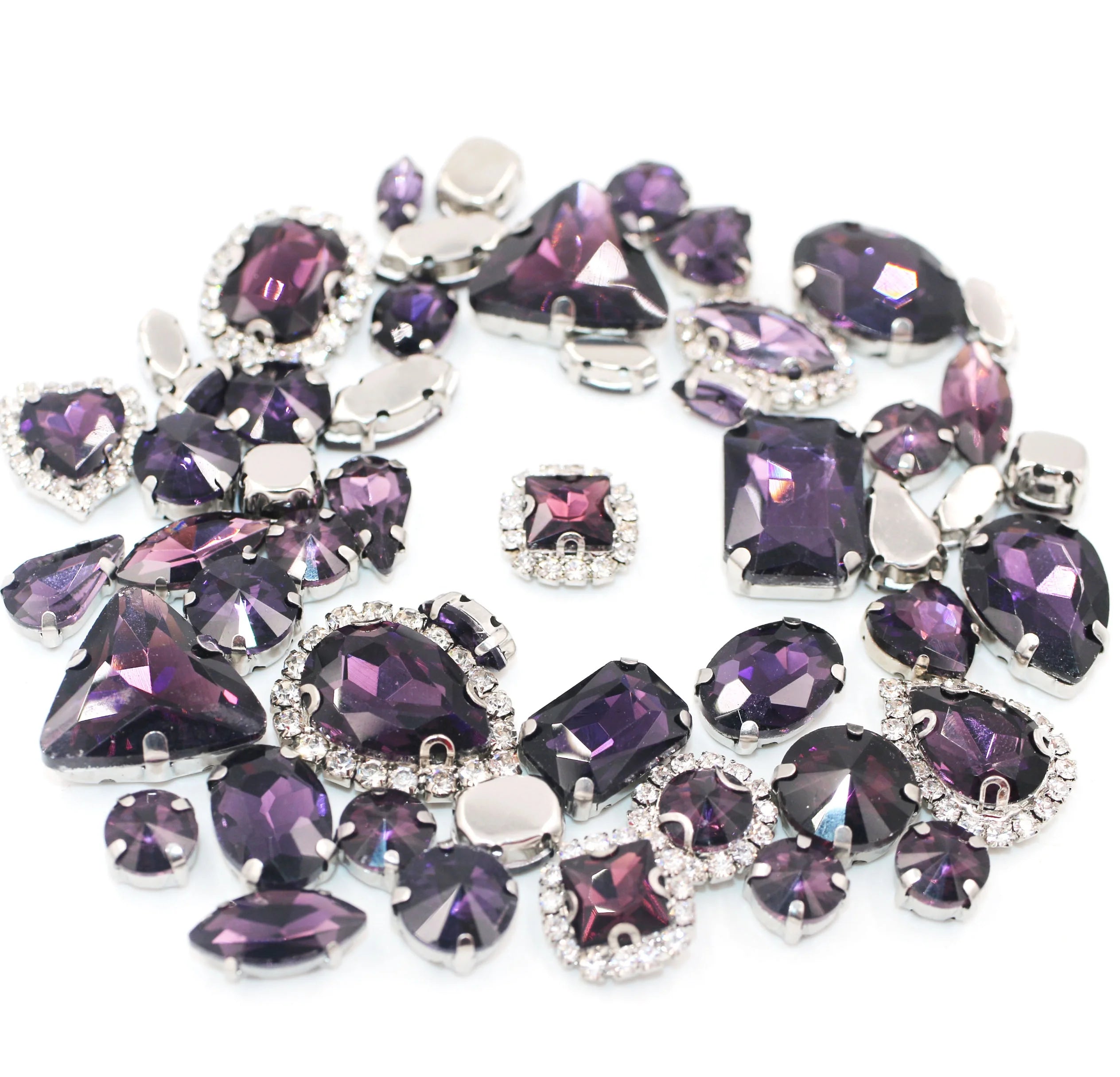 HFOUR Deep Purple 3D Glass Rhinestones 9 Facets Mixed Shape Flatback Crystal Buckle Silver Cup Chain Claw 50pcs/Bag Sew-On Loose