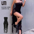 2025 Y2K Women Mesh Bodysuit - Strapless Sleeveless Tight with Irregular Tassel for Summer/Midnight (Wholesale)