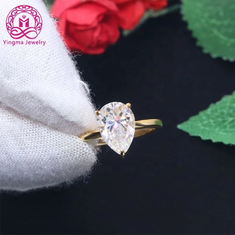 Yingma Jewelry 925 Sterling Silver /14K/18K Yellow Gold 7x10mm Two Carats Fine Jewelry Engagement Moissanite Pear Ring