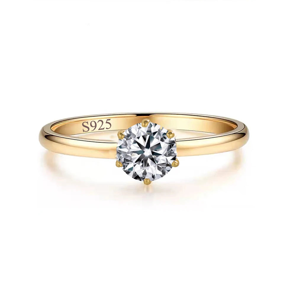 Top Selling Champagne Gold 925 Sterling Silver Round Cut Singer Cubic Zircon Rings for Women Wedding Jewelry Finger Ring