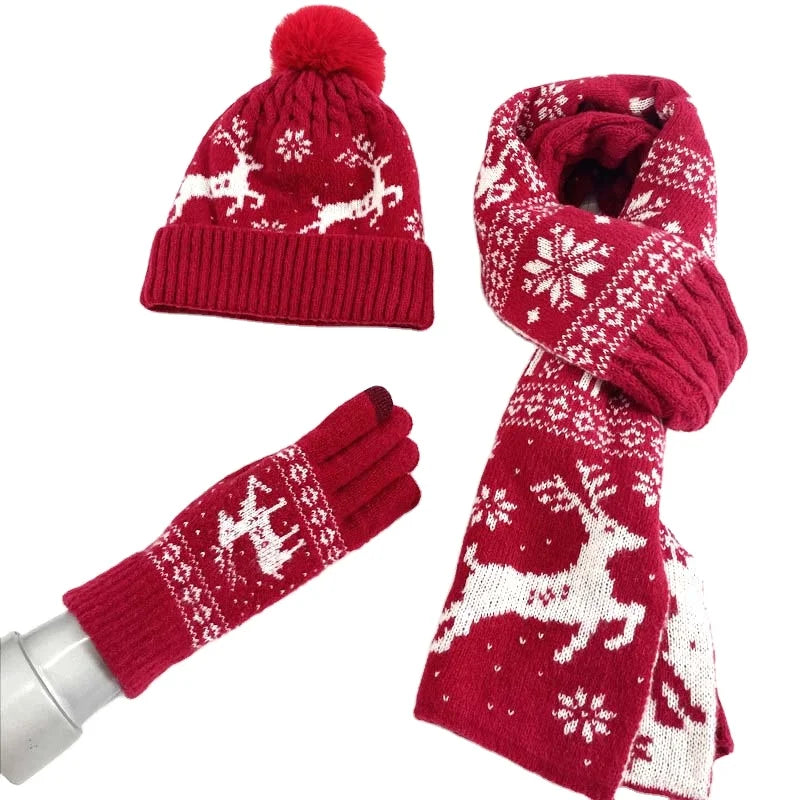 Christmas winter knitted wool inner fleece hat scarf gloves elk warm suit