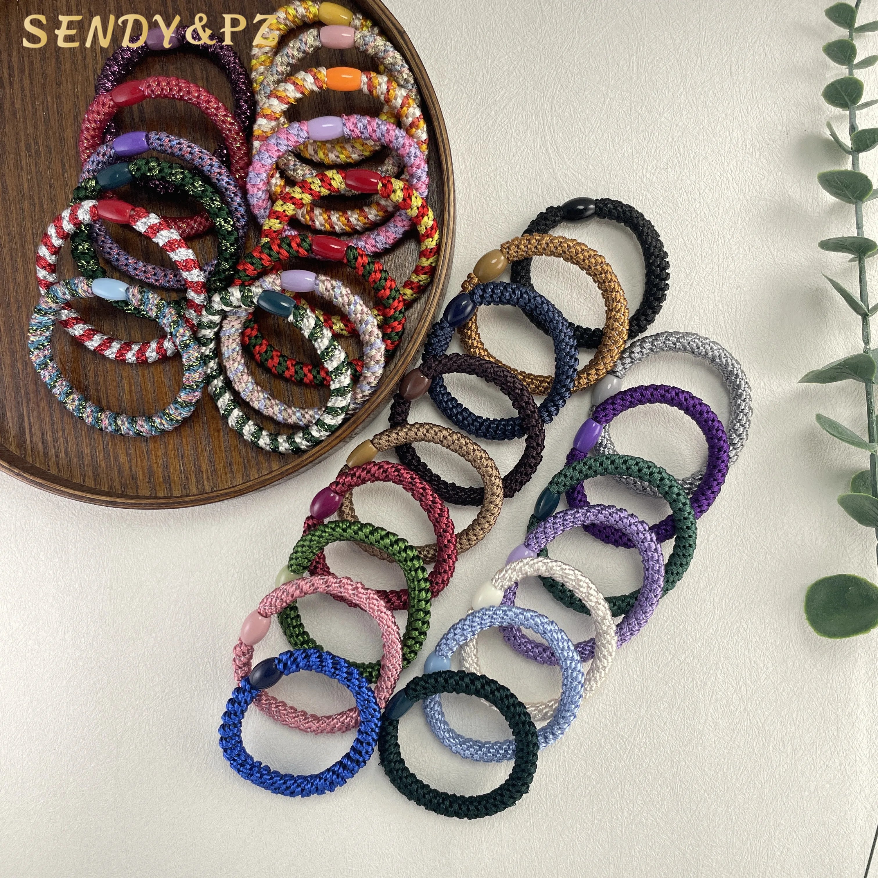 2025 New Fashion Simple High-End Elastic Braided Bead Hair Tie Solid Color Hair Rope Multi-Color Combination Hairband for Women