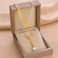 18K Gold Plated Fashionable Double Ring Clover Circle Necklace for Women Stainless Steel Long Tassel Wheat Pearl Necklace