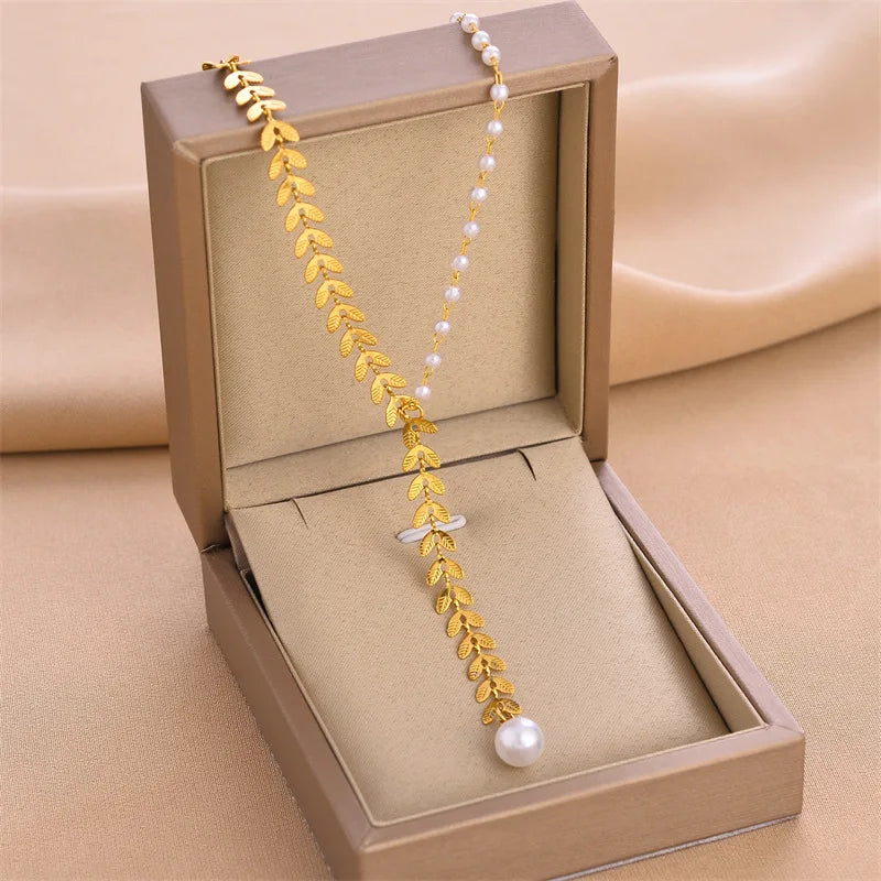 18K Gold Plated Fashionable Double Ring Clover Circle Necklace for Women Stainless Steel Long Tassel Wheat Pearl Necklace