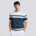 Classic Breton Stripe Sweater Viscose Blend Men's Short Sleeve Crew Neck Pullover Jumper Navy and White