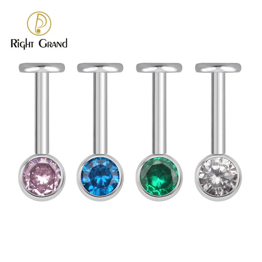 Titanium Bezel Set Round CZ Cubic Zirconia Internally Threaded Vertical Helix Cartilage Ear Piercings