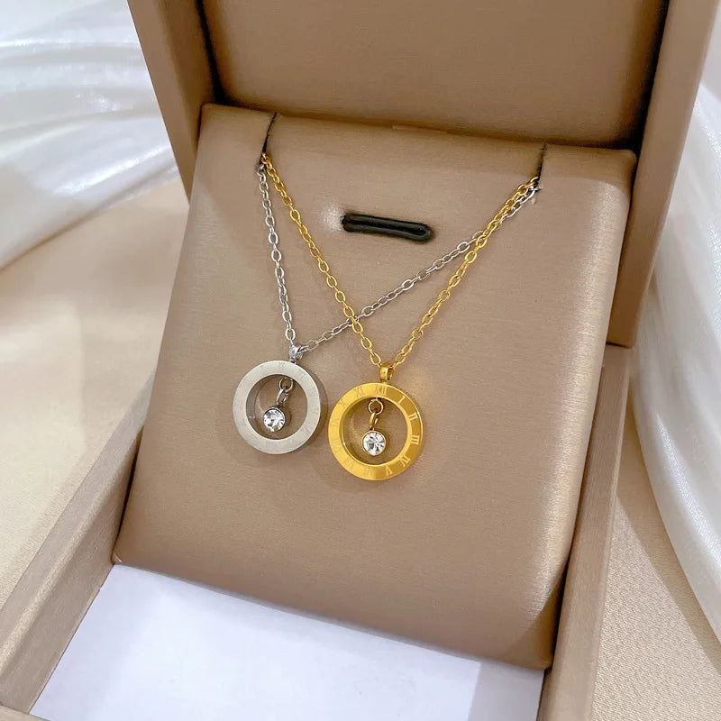 Fashion 18K Gold Plated Stainless Steel Chain Roman Numeral Circle Pendant Necklace for Women Girls Gifts