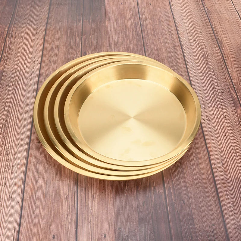 Flat Bottom Stainless Steel Tray Hot Sale Luxury Decorative Stainless Steel Copper Gold Plate Round Metal Serving Tray