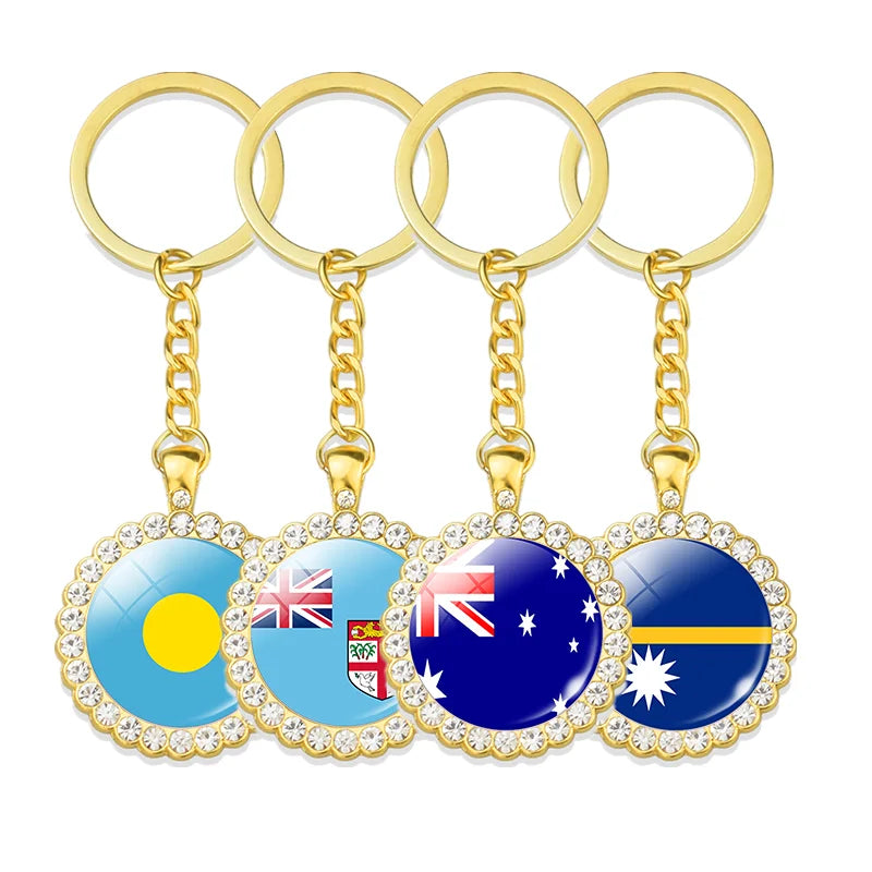 Souvenir Flag Golden Keyring Women Gift Australia Nauru Vanuatu Marshall Tonga New Zealand Kiribati Fiji Palau Flag Key Chain