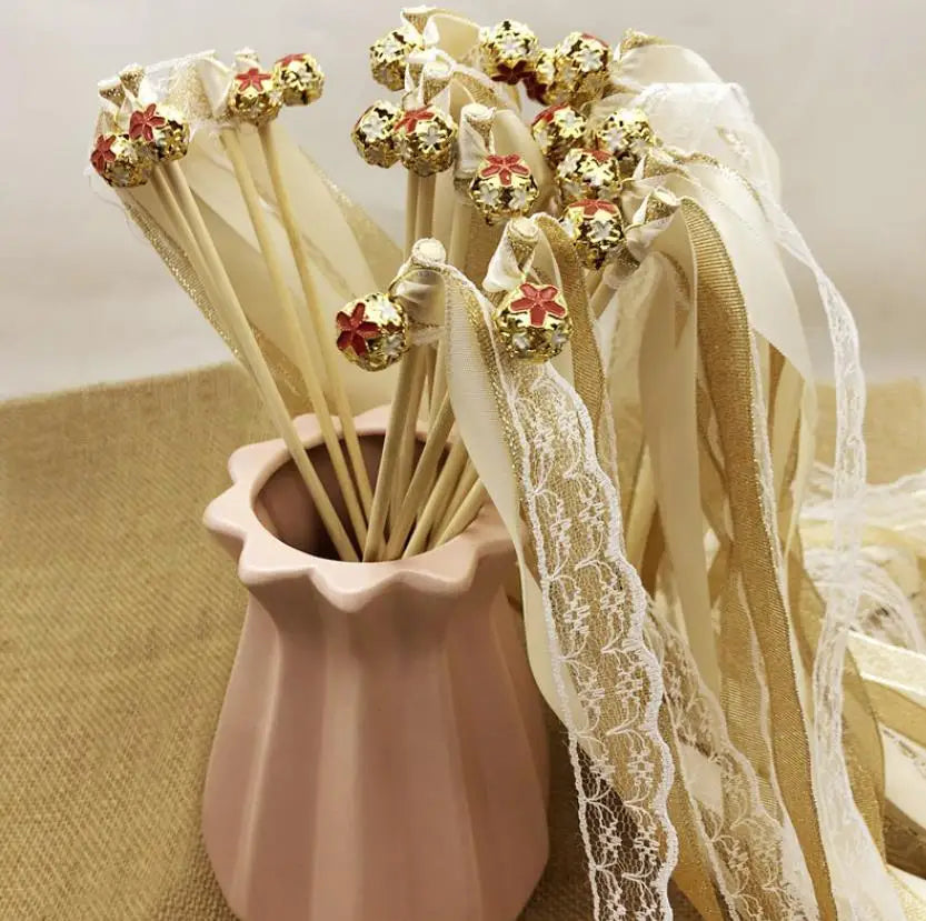 Lace Glitter Ribbon Wands Party Decoration Wedding Champagne Streamers with Bells Silk Fairy Wood Stick Activities Party Favor