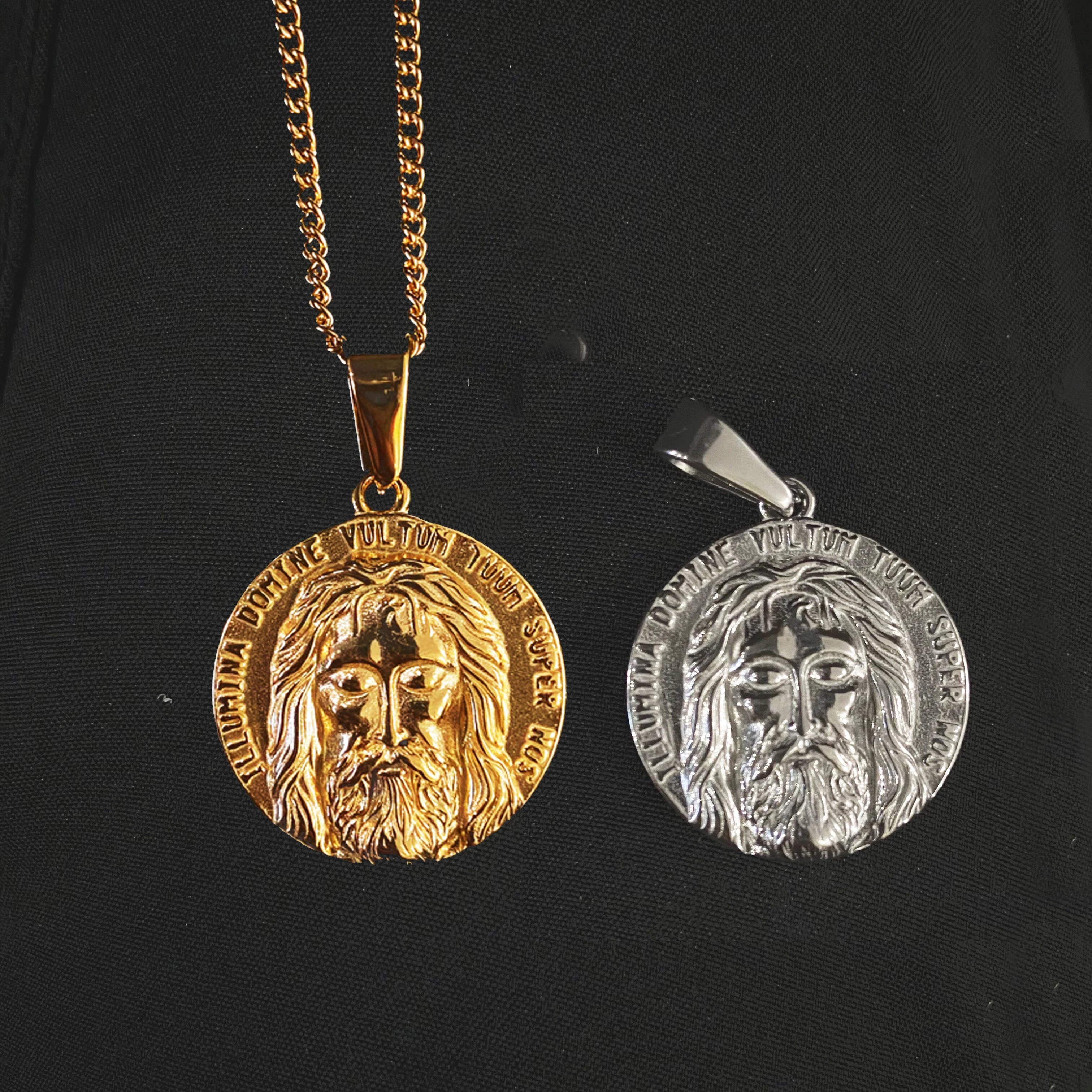 Hiphop Silver Gold Religious Jewelry Saint Medallion Jesus Necklace MANE NOBISCVM DOMINE AMDG Jesus Head Cross Pendant Necklace