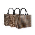 Custom Medium Yellow Handled Leopard Printed Jute Tote Bag with Silk Screen Printing 41x33x18cm