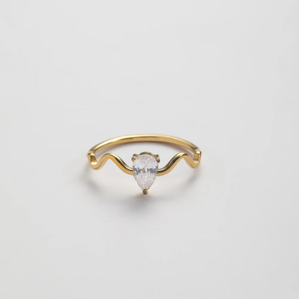 Fashion Stainless Steel Ripple Design Waterproof Jewelry Tarnish Free 18k Plated Water Drop Zircon Fine Ring Women YF3817
