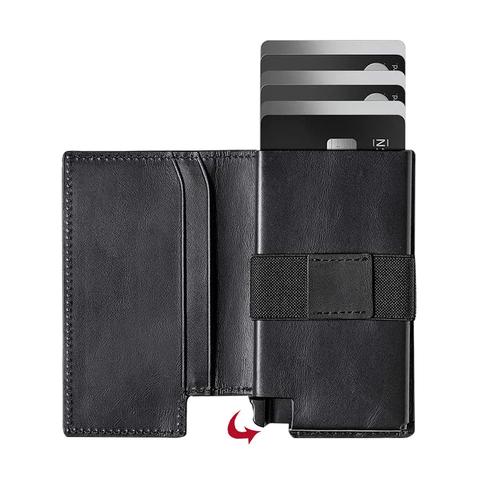 Customizable Men's Short Leather Wallet with Automatic Pop ID Card Case Slim RFID Blocking Card Holder for Ridge Money Strap