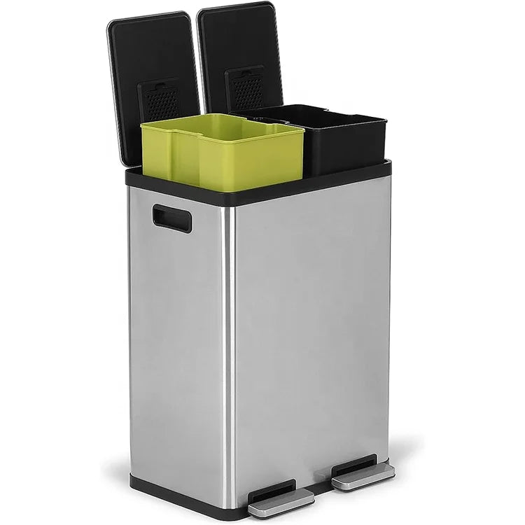 60 Liter 16 Gallon Rectangular Brushed Stainless Steel Kitchen Trash Can Soft-Close Lid Foot Pedal Dual Compartment for Home