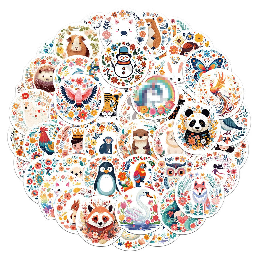 2024 New 50PCS BOHO Style Aesthetic Cute Animals Seal Decals Waterproof Round Cartoon Stickers