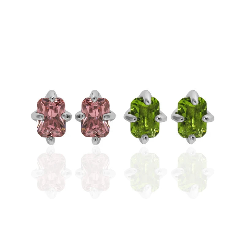 WMEF706 S925 Sterling Silver Stud Earring  Cubic Zirconia Rectangular Stud Earrings Platinum Plated 925 Stamped Silver
