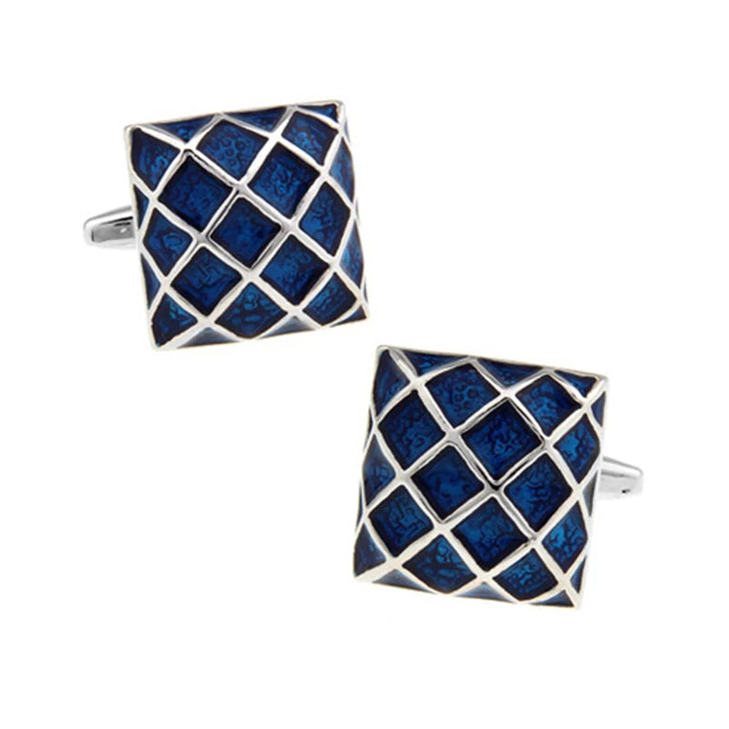 Wholesale Blue Checks Enamel Elegant Cufflinks Custom Mens Suit Shirt Fashion Accessory Wedding Tuxedo Trendy Jewelry Gift Set