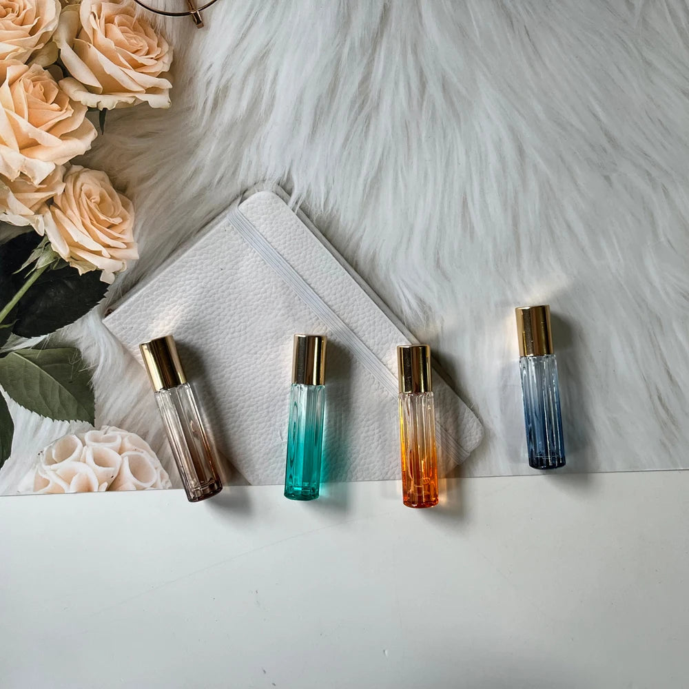 Wholesale 3ml Empty Coffee Cyan Orange Blue clear Ombre Two Tone Metal Roller Glass Bottle with Shiny Gold Cap