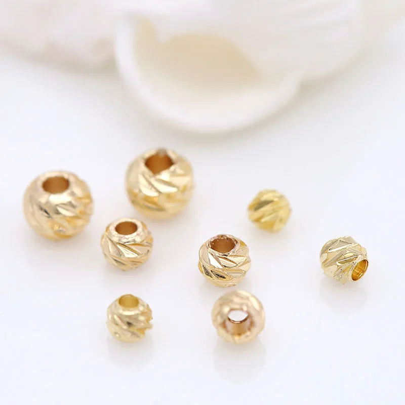 DIY Accessories Shiny Round Shape Beads 14K Gold Plated Brass Engraved Loose Ball Beads for Bracelet Jewelry Making Craft