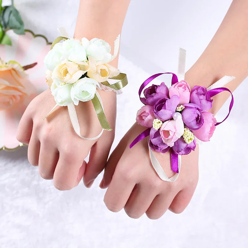 PF-112 Vintage Wedding Wrist Flower for Bridesmaid Bridal Shower Wedding Flower Corsage Ribbon Prom