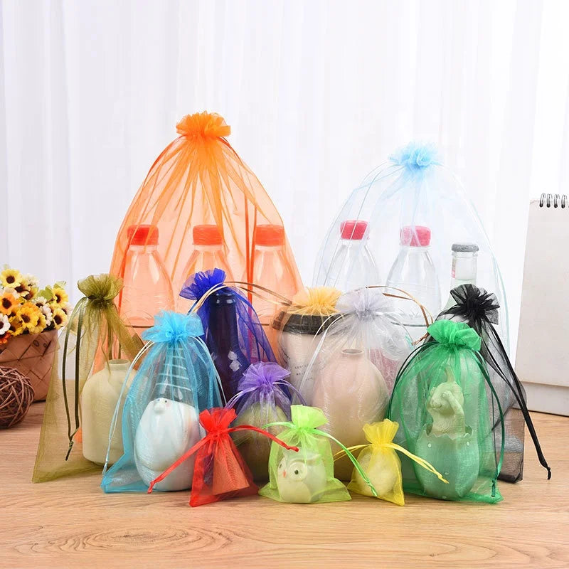 In Stock Plain Transparent Drawstring Organza Mesh Bags Wholesale Tied Gift Candy Jewelry Packaging Pouches